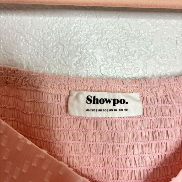 Showpo Womens Bodysuit Blouse Top Pink 16 Balloon Sleeve Ruched Swiss Dot - Picture 3 of 12